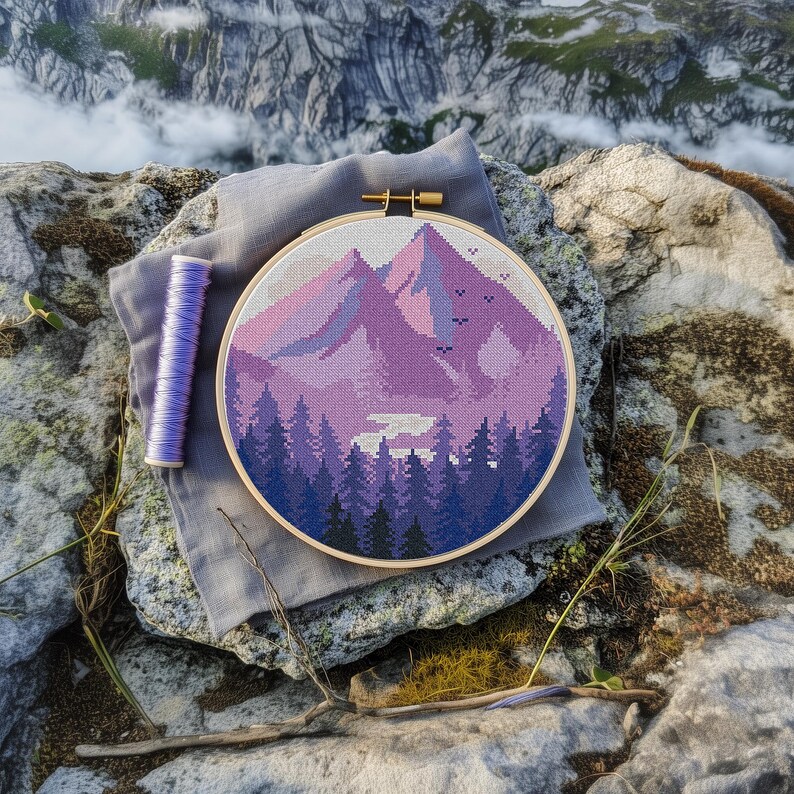 Mountains Modern Cross Stitch Pattern PDF, Lavender Landscape Counted Cross Stitch Chart, Nature, Forest, Hoop Embroidery, Digital Download image 4