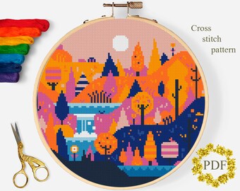 Autumn Landscape Modern Cross Stitch Pattern PDF, Waterfall Counted Cross Stitch Chart, River, Trees, Nature Embroidery, Digital Download