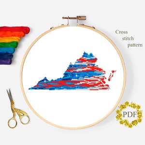 Virginia State Map Modernes Kreuzstichmuster, PDF, Amerikanische Flagge Kreuzstichvorlage, Sterne, Vaterländische Stickerei, digitaler Download