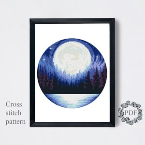 Landscape Modern Cross Stitch Pattern PDF, Moon Counted Cross Stitch Chart, Nature, Stars, Forest, River, Hoop Embroidery, Digital Download image 2