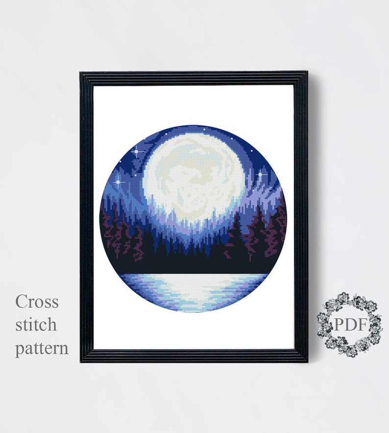 Landscape Modern Cross Stitch Pattern PDF, Moon Counted Cross Stitch Chart, Nature, Stars, Forest, River, Hoop Embroidery, Digital Download image 2