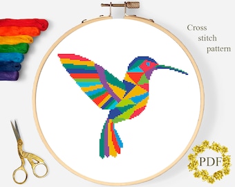 Hummingbird Modern Cross Stitch Pattern PDF, Bird Counted Cross Stitch Chart, Nature Xstitch, Geometric Embroidery, Hoop, Digital Download