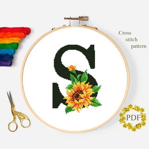 Letra S Modern Cross Stitch Pattern PDF, Monograma Floral Contado Cross Stitch Chart, Flor Girassol, Bordado Ucrânia, Download Digital