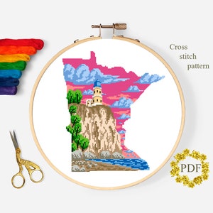Patrón de punto de cruz moderno del estado de Minnesota en formato PDF, gráfico de punto de cruz contado con mapa, paisaje de EE. UU., naturaleza, lago, bordado, descarga digital