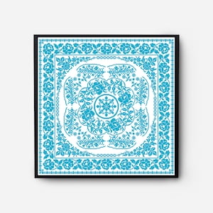May include: A framed square print with a blue and white geometric pattern. The pattern is a repeating design of flowers and leaves.