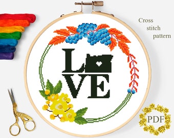 Love Oregon State Modern Cross Stitch Pattern PDF, Map Counted Cross Stitch Chart, Flowers Oregon Grape, Floral Embroidery, Digital Download