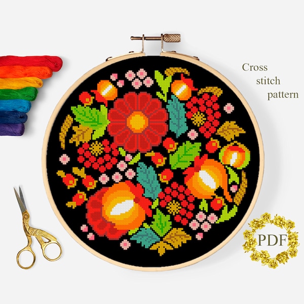 Floral Folk Modern Cross Stitch Pattern PDF, Flowers Counted Cross Stitch Chart, Ukraine Designer, Nature Embroidery, Digital Download PDF