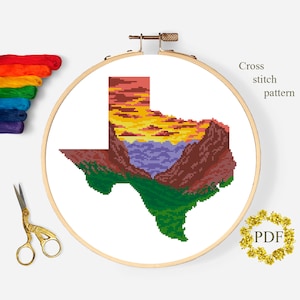 Patrón de punto de cruz moderno del estado de Texas PDF, Paisaje EE.UU. Mapa contado gráfico de punto de cruz, montañas, naturaleza, bordado, descarga digital