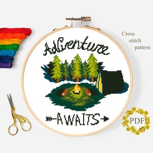 Landscape Modern Cross Stitch Pattern PDF, Adventure Counted Cross Stitch Chart, Forest, Camping, Travel, Nature Embroidery Digital Download