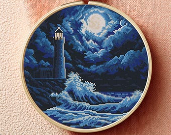 Sea storm Modern Cross Stitch Pattern PDF, Landscape Counted Cross Stitch Chart, Nature, Moon. Ocean, Lighthouse Embroidery, Digital PDF