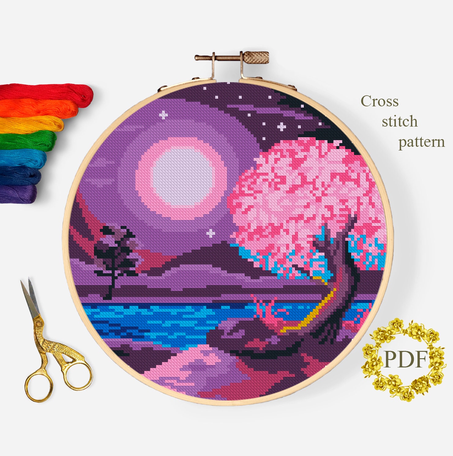 tree & moon Embroidery Shirt - SakuraΩ