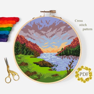 Landscape Modern Cross Stitch Pattern PDF, Mountains Counted Cross Stitch Chart, Nature, River, Clouds, Hoop Embroidery, Digital Download