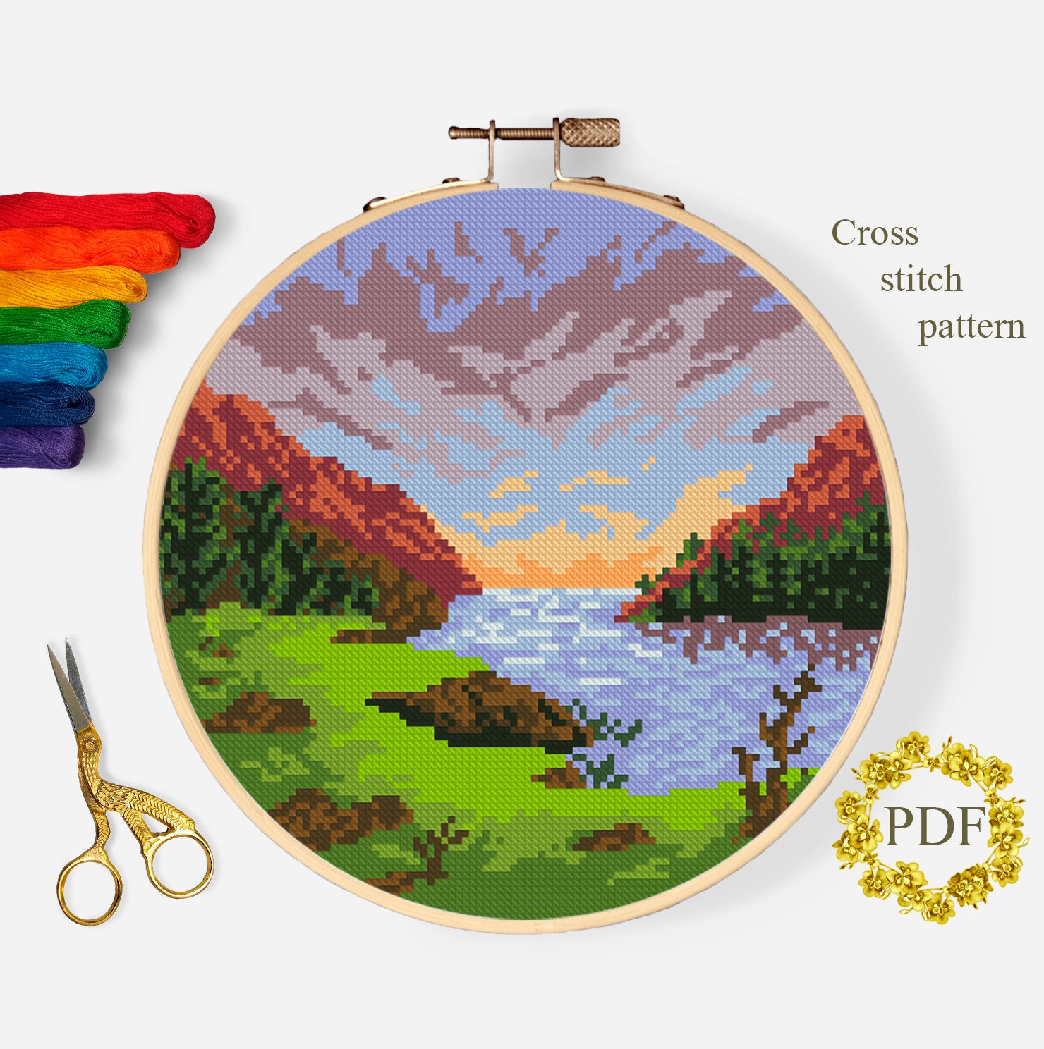 Landscape Modern Cross Stitch Pattern River Counted Cross Etsy