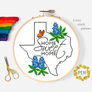 Texas State Karte Modernes Kreuzstichmuster PDF, Kreuzstichvorlage, USA, Blumen Lupinus, Rahmenstickerei, digitaler Download