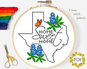 Texas State Map Modern New Home Cross Stitch Pattern PDF, Floral Counted Cross Stitch Chart, USA, Flowers Lupinus, Hoop Embroidery, Digital