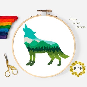 Wolf Silhouette Kreuzstichvorlage PDF, Berglandschaft Kreuzstichvorlage, Natur, Tier, Stickerei, digitaler Download