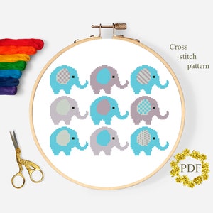 Padrão moderno de ponto cruz de elefantes PDF, gráfico de ponto cruz contado de animais fofos, berçário, quarto infantil, bordado de bebê, download digital