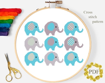 Elephants Modern Cross Stitch Pattern PDF, Cute Animals Counted Cross Stitch Chart, Nursery, Kids Room, Baby Embroidery, Digital Download