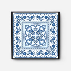 May include: A blue and white square pattern with a floral design. The pattern is framed in a black frame.