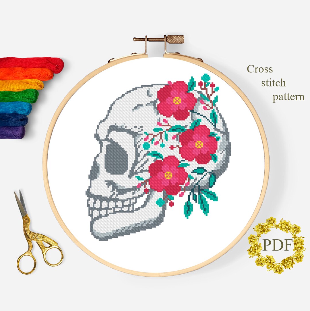 Human Skull Modern Cross Stitch Pattern PDF, Floral Anatomy Counted ...