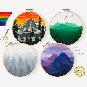 Set Landschaft moderne Kreuzstichmuster PDF, Natur Kreuzstichvorlage, Wald Nebel, Berge, Stickrahmen Stickerei, digitaler Download