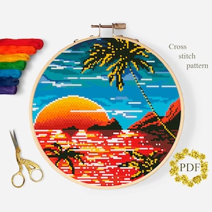 Sea at Sunset Modern Cross Stitch Pattern PDF, Landscape Counted Cross Stitch Chart, Nature, Palm Trees, Ocean, Embroidery, Digital Download