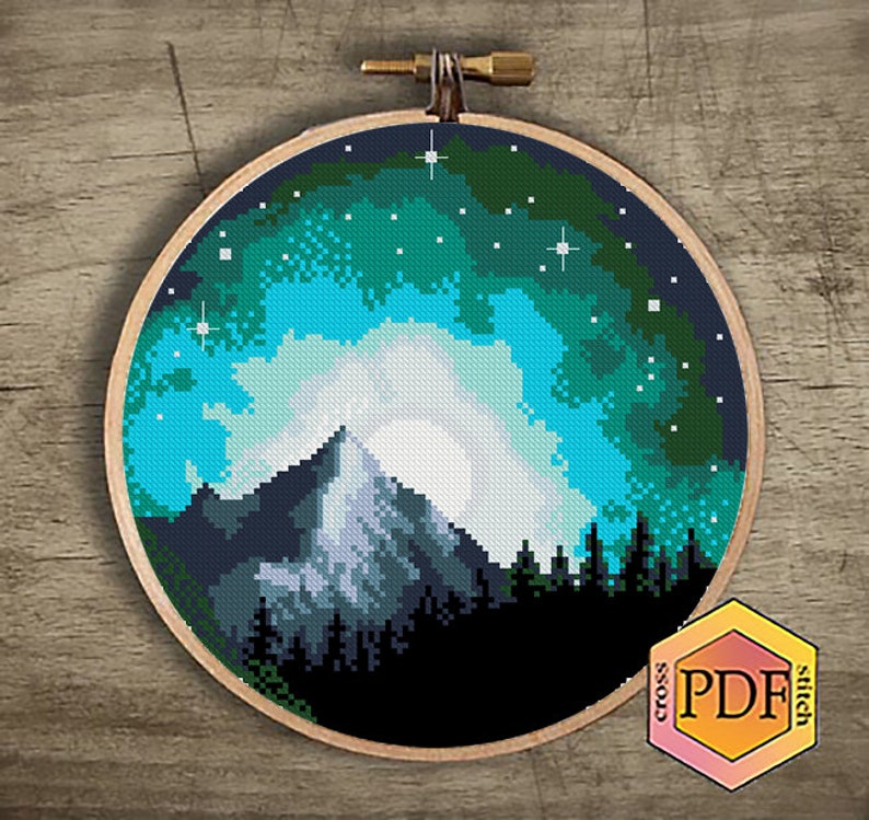 Starry Night Sky Modern Cross Stitch Pattern PDF, Mountain Landscape ...