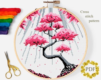 Tree Spring Modern Cross Stitch Pattern PDF, Landscape Counted Cross Stitch Chart, Nature, Cherry Blossom, Hoop Embroidery, Digital Download