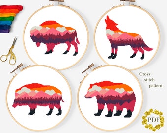 Set Animals Silhouette Modern Cross Stitch Pattern, Mountain Landscape Counted Cross Stitch Chart, Nature, Bison, Wolf, Bear, Download PDF
