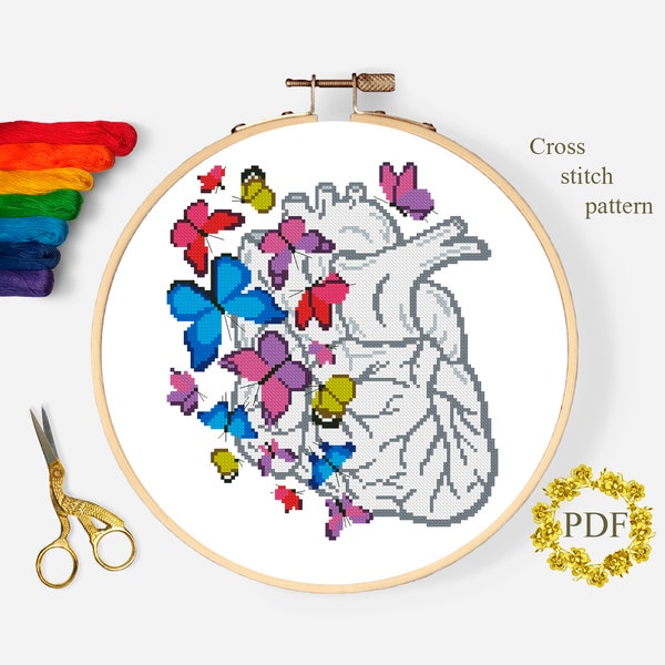 Human Heart Modern Cross Stitch Pattern PDF, Anatomy Counted Cross Stitch Chart, Medical, Butterfly, Hoop Art Embroidery, Digital Download