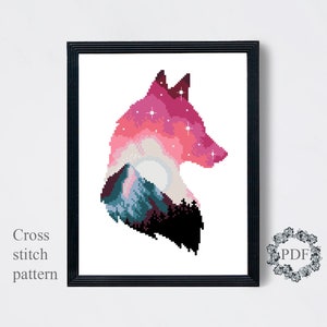 Wolf Silhouette Kreuzstichvorlage PDF, Berglandschaft Kreuzstichvorlage, Zählvorlage, Natur, Tier, Mond, Stern, digitaler Download