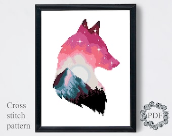 Wolf Silhouette Modern Cross Stitch Pattern PDF, Mountain Landscape Counted Cross Stitch Chart, Nature, Animal, Moon, Star, Digital Download
