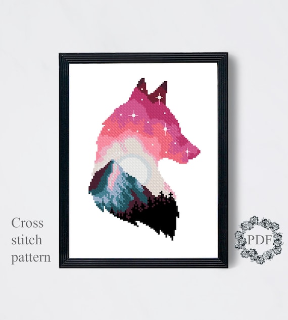 Wolf Silhouette Modern Cross Stitch Pattern PDF, Mountain Landscape Counted Cross Stitch Chart, Nature, Animal, Moon, Star, Digital Download