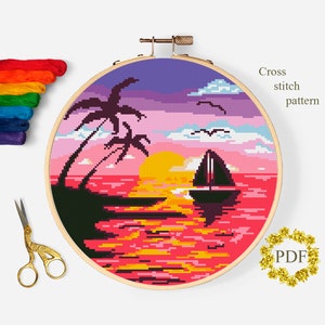 Sea Landscape Modern Cross Stitch Pattern PDF, Sunset Counted Cross Stitch Chart, Ship, Palm Tree, Ocean, Nature Embroidery Digital Download