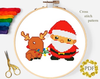 Santa Clause Modern Cross Stitch Pattern PDF, Christmas Counted Cross Stitch Chart, Xmas, Deer, Animal, Baby Embroidery, Digital Download