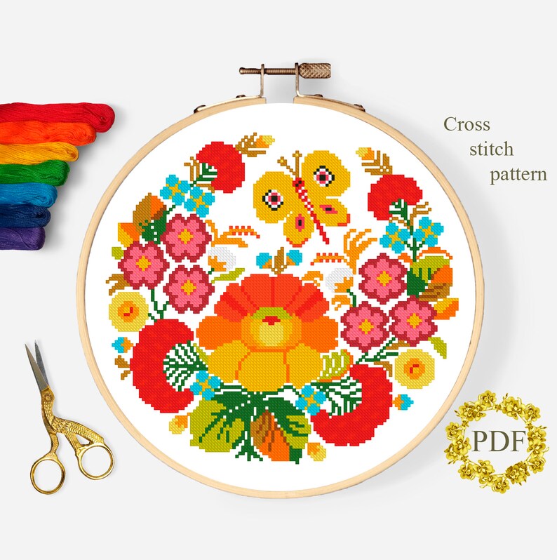Folk Art Cross Stitch Pattern Modern Flower Cross Stitch Etsy