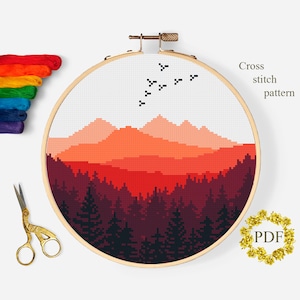 Rote Landschaft Kreuzstich Muster PDF, Berge gezählt Kreuzstichvorlage, Natur, Wald, Hoop Art Embroidery, digitaler Download