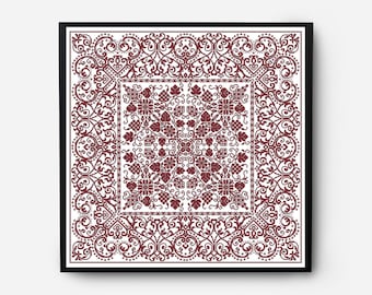 Folk Sampler Modern Cross Stitch Pattern PDF, Monochromatic Flowers Counted Cross Stitch Chart, Pillow, Carpet Embroidery, Digital Download