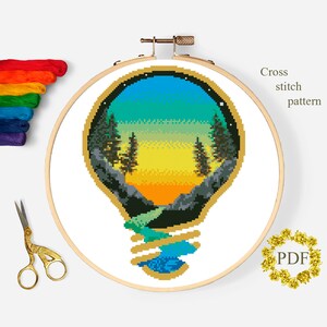Sunset in Lamp Modern Cross Stitch Pattern PDF, Landscape Counted Cross Stitch Chart, Nature, River, Light Bulb, Embroidery Digital Download