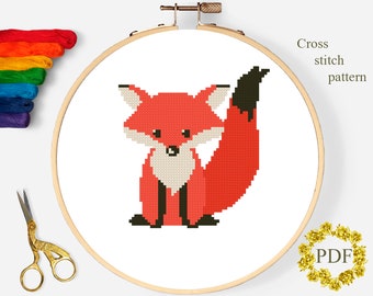 Cute Fox Modern Cross Stitch Pattern PDF, Animal Counted Cross Stitch Chart, Baby, Nursery, Kids Room, Hoop Embroidery, Digital Download