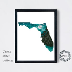 Florida State Map Modern Cross Stitch Pattern PDF, Landscape Counted Cross Stitch Chart, Nature, Moon, Stars, Embroidery, Digital Download,