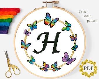 Buchstabe H Modernes Kreuzstichmuster PDF, Monogramm Baby Kreuzstichvorlage, Schmetterling, Kinderzimmer, Hoop Art Embroidery Digital Download