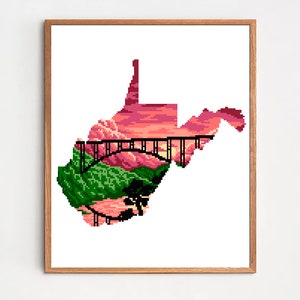 West Virginia State Modern Cross Stitch Pattern PDF, Landscape Map Counted Cross Stitch Chart, Nature, Bridge, Embroidery, Digital Download image 3