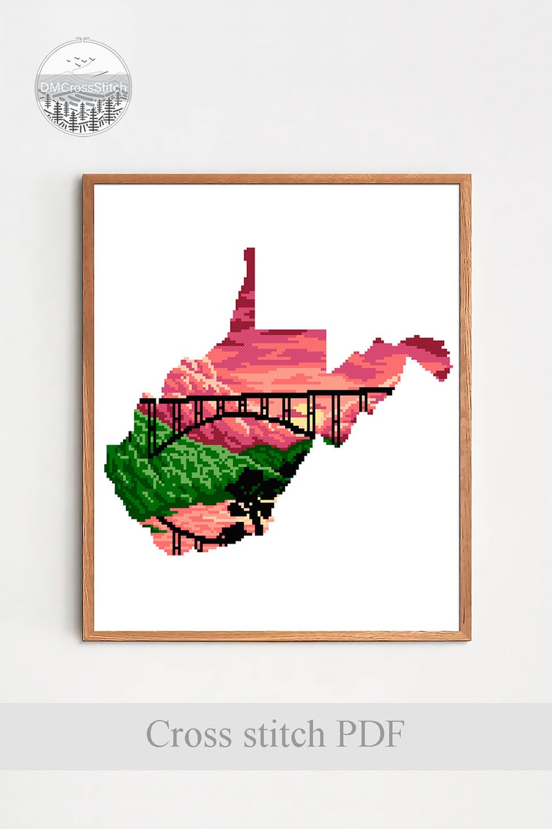 West Virginia State Modern Cross Stitch Pattern PDF, Landscape Map Counted Cross Stitch Chart, Nature, Bridge, Embroidery, Digital Download image 3