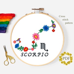Escorpio patrón de punto de cruz moderno PDF, signo del zodíaco gráfico de punto de cruz contado, flor, astrología, bordado floral, descarga digital de aro