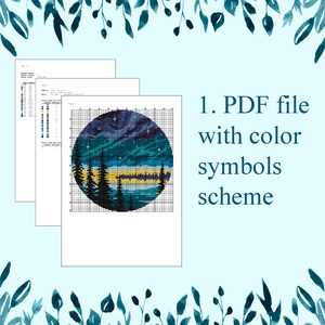 Pu&ograve; includere: Un file PDF con uno schema di simboli a colori per uno schema di punto croce di un cielo notturno con un lago e alberi. Lo schema &egrave; in un cerchio.
