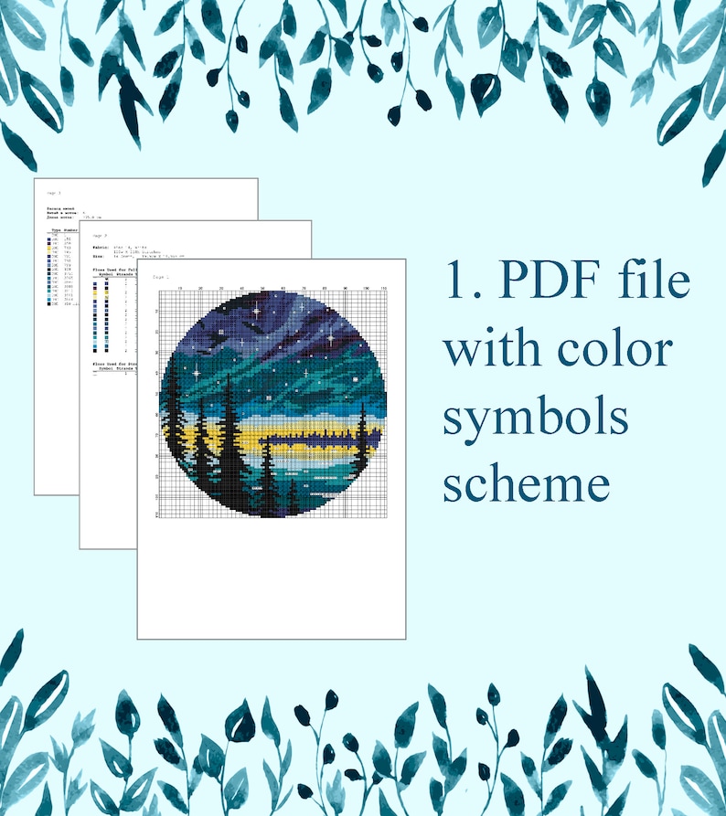 Pu&ograve; includere: Un file PDF con uno schema di simboli a colori per uno schema di punto croce di un cielo notturno con un lago e alberi. Lo schema &egrave; in un cerchio.