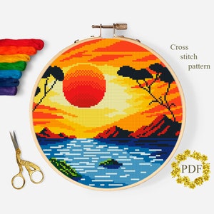 Sonnenuntergang modernes Kreuzstichmuster PDF, Meer Landschaft Kreuzstichvorlage, Natur Xstitch, Ozean, Hoop Embroidery, digitaler Download