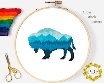 Bison Modern Cross Stitch Pattern PDF, Mountain Landscape Counted Cross Stitch Chart, Animal, Nature, Buffalo, Embroidery, Digital Download