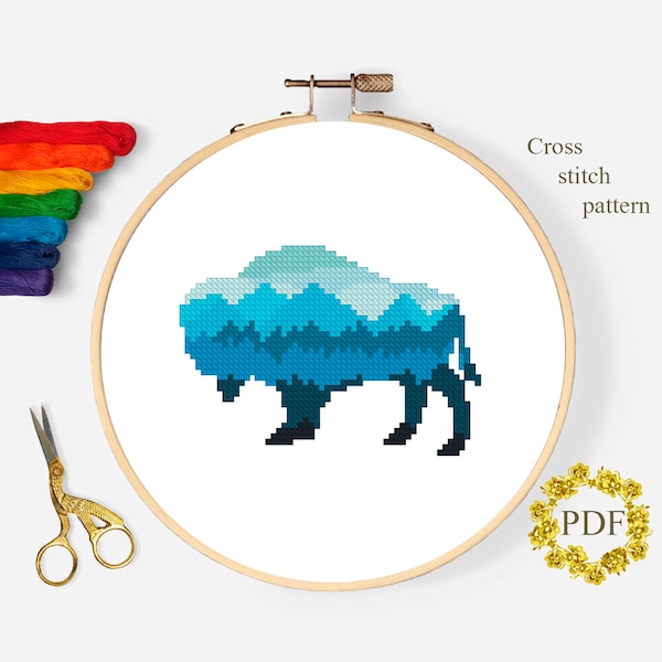 Bison Modern Cross Stitch Pattern PDF, Mountain Landscape Counted Cross Stitch Chart, Animal, Nature, Buffalo, Embroidery, Digital Download